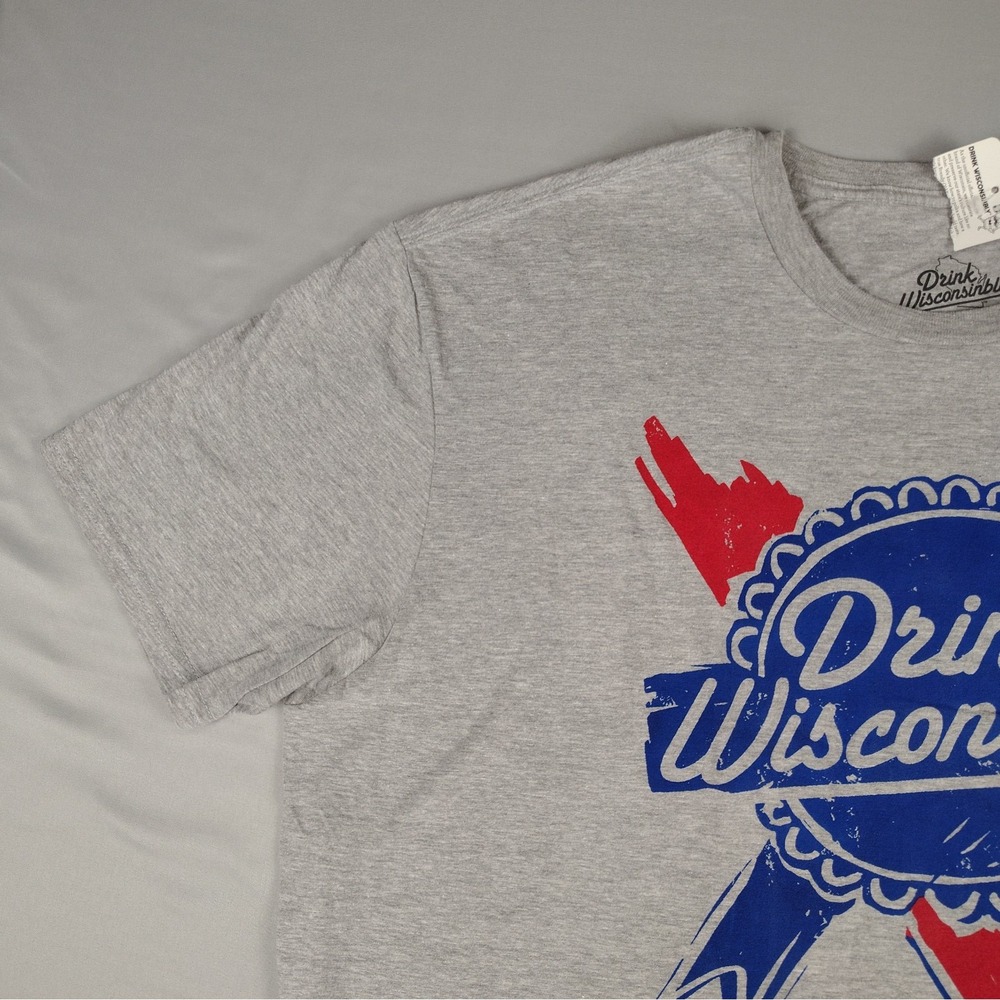 NWT Drink Wisconsinbly T Shirt Mens 2XL Gray Graphic Beer Blue Ribbon Wisconsin - Picture 2 of 15